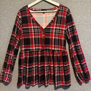 Alison Andrews Babydoll V-Neck Peasant Sleeve Blouse M Red Plaid